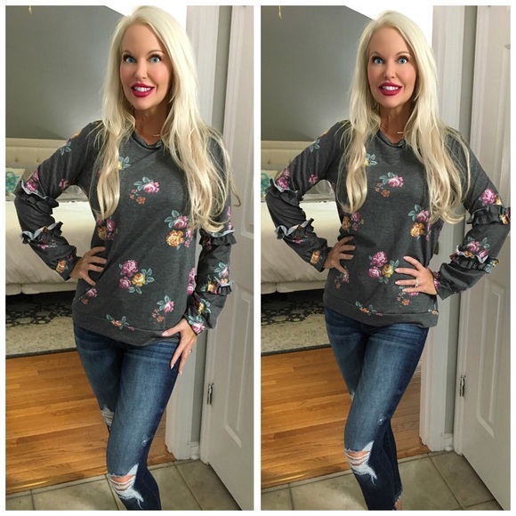 LAST 1!  Ruffle Sleeve Charcoal Floral Sweatshirt - Picture 2 of 5